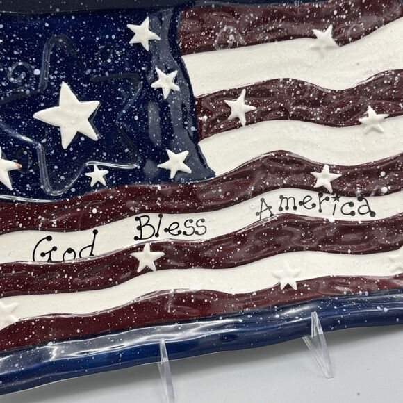 2003 July 4 God Bless America Ceramic Serving Platter Patriotic Stars Stripes - Picture 2 of 9